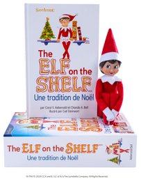 A plush elf doll with a red hat and outfit, sitting next to a book titled "The Elf on the Shelf: Une tradition de Noël" (The Elf on the Shelf: A Christmas Tradition). The elf appears to be a festive, holiday-themed character.