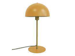 A table lamp with a rounded, dome-shaped shade in a warm, mustard yellow color. The lamp has a simple, minimalist metal base in a matching brass or gold tone.