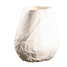 A tall, round, white candle holder with a crumpled, textured surface.