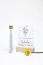 Wildflower seed paper with "100 Moments of Happiness - Seize the Day" text, packaged in a clear glass tube.