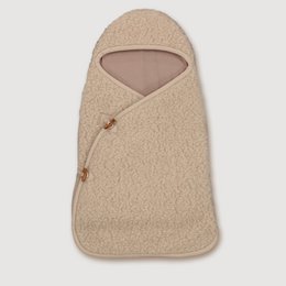 Oat wool cocoon sleeping bag, beige knit material, cozy wrap design, infant newborn bundler.