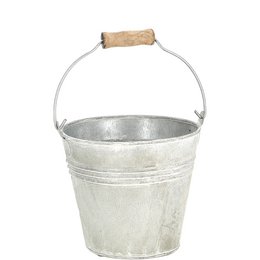 Antique zinc metal bucket with wooden handle, 13cm diameter, 12cm height, suitable for use as a planter.