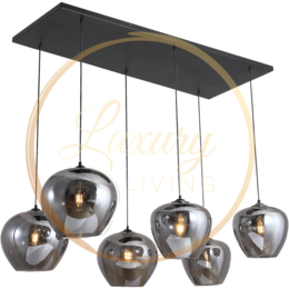 Olivia Hanging Lamp 6-Light, a modern pendant lighting fixture with a sleek, minimalist design featuring 6 glass globe shades in a mix of metallic and transparent finishes.