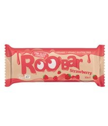 Roobar sour cherry bar covered with white glaze, organic, 30g. Strawberry flavored organic chocolate bar.