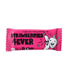 Organic strawberry-flavored snack bar with a playful, eye-catching design featuring a cartoon rabbit character.