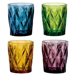 Set of 4 Highgate DOF Tumblers, colorful glass tumblers with diamond-shaped patterns, suitable for water or other beverages.