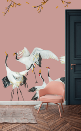 Elegant Japanese-inspired wallpaper featuring delicate pink cranes in a graceful dance. The wallpaper has a soft, pastel color palette and features intricate crane illustrations. This wallpaper would be a beautiful addition to any room, creating a serene and nature-inspired atmosphere.