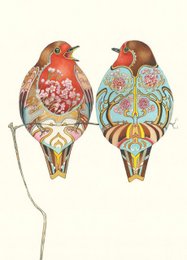 Two robins perched on a branch, with intricate floral and geometric patterns adorning their feathers. The birds are depicted in a vibrant, artistic style.