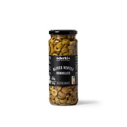 Green olives in slices, 340g jar. Olives in a glass jar with a black lid.
