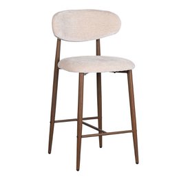  Tan Japandi-style kitchen bar chair with a round, padded seat and backrest, and a wooden frame.