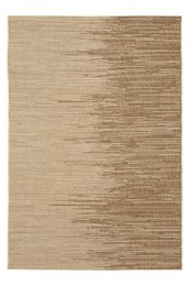  Large, rectangular area rug with an ethnic, woven pattern in neutral tones. Suitable for indoor or outdoor use.