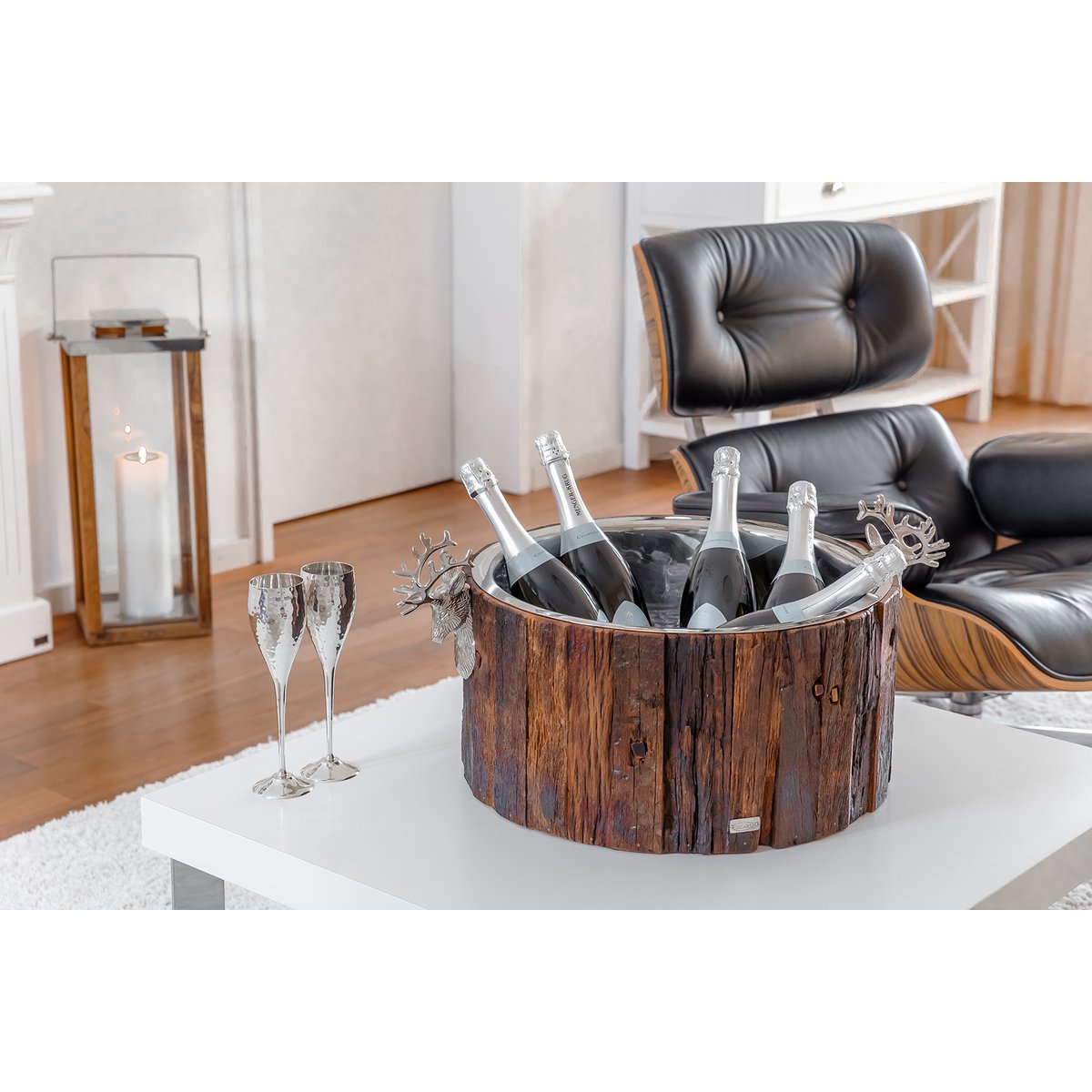 Secchiello Per Champagne Con Testa Di Cervo In Alluminio | 40x23x25 Cm | Originale Porta Bottiglie Per Festa