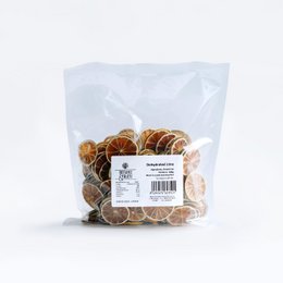 Dried lime bulk bags, a product in the Dried Fruit Mix category, available in 200g and 500g variants. The image shows a close-up of dried lime slices, displaying their round, flat shape and reddish-brown color.