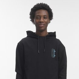  Black hoodie with skateboard graphic, long sleeves, drawstring, casual streetwear style