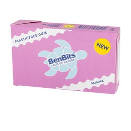 Chewing gum package with colorful branding and individual gum pieces visible.