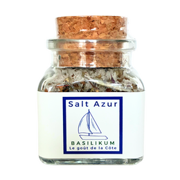  Basil salt, a spice mix in a glass jar with a cork lid. The jar contains a blend of natural ingredients including basil, salt, and other seasonings. The product is labeled "Salt Azur" and features a sailboat icon, indicating a maritime or coastal theme.