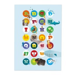 Colorful alphabet poster with animal icons for children's room decor. Includes letters A-Z represented by various animal shapes and designs.