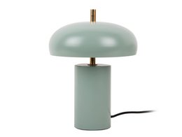  A modern, minimalist table lamp with a dome-shaped light shade in a muted gray color. The lamp features a cylindrical base and a simple, streamlined design that would complement a variety of decor styles.