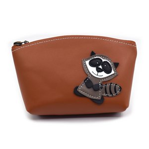 Handmade Full Grain Leather Makeup Bag With Cute Raccoon