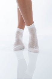 White socks with a ribbed texture and ankle-length design.