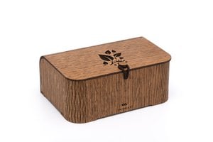 Krea-Wood handgemaakte theedoos, gemaakt van eikenhout met een theebladmotief, in bruine kleur