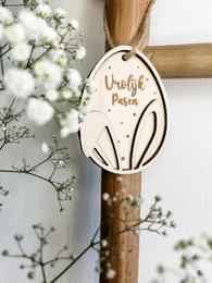 Wooden Easter pendant with "Happy Easter" text and rabbit ears design, suitable for Easter decoration.