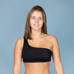  One-shoulder black sports bra with a sleek, minimalist design.