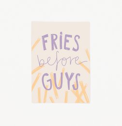 Colorful postcard with the text "Fries before guys" in a playful, hand-drawn style. The postcard is part of the "Motive im Shop" (Motives in the Shop) collection, featuring over 60 postcards.