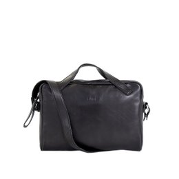 Black leather laptop bag with adjustable shoulder strap and multiple compartments for storage.