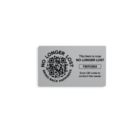 Engraved QR code sticker with text "No longer valid" and a QR code. The sticker appears to be made of a gray material.