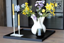 Square 60x60cm wooden tray in matte black finish, suitable for serving candles or as a decorative accent piece.