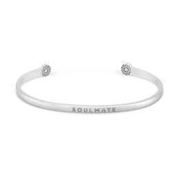 Delicate silver or gold-toned cuff bracelet with 'Soulmate' engraved on the band and small crystal accents at the ends.