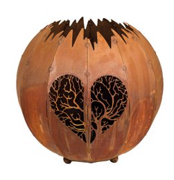 Round copper decorative object with brain design, spiky top, modern art sculpture, 30cm diameter.