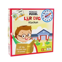 A puzzle-based educational toy that helps children learn to tell time. The toy includes a clock face with movable hands, as well as cards with time-related images and text. Suitable for kids.