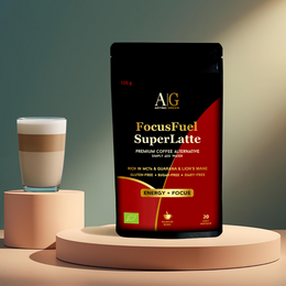 Premium coffee-based instant beverage with focus-enhancing ingredients. Dark red and black packaging with product name "FocusFuel SuperLatte".