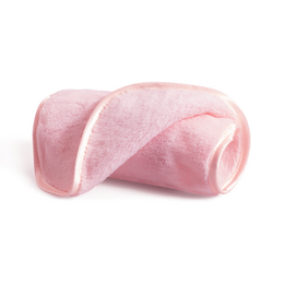 Soft, pink makeup eraser towel for removing makeup without harsh chemicals.