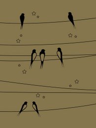 Gold paper poster with silhouettes of swallows perched on wires against a starry sky background. Minimalist, nature-inspired wall art.