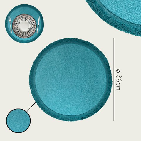Arca TONDA Placemat Round 39cm, with fringe, turquoise, polyester
