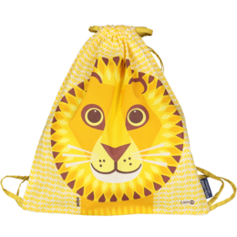 A yellow drawstring backpack with a cute lion face design, featuring a round shape, large eyes, and a smiling expression. The backpack is suitable for kids and has a playful, animal-inspired style.