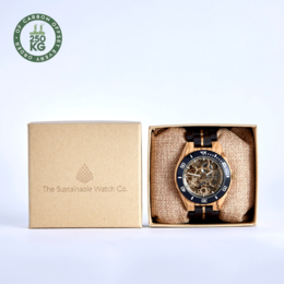 Handmade vegan wood mechanical watch with a skeleton dial, gold-tone accents, and a dark blue bezel.