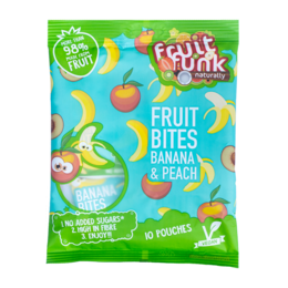Fruit-flavored gummy snacks in banana and peach flavors, featuring playful fruit-themed graphics.