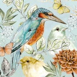 Colorful illustration of a kingfisher bird surrounded by flowers, leaves, and butterflies.