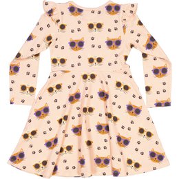  Bamboo dress with pink background and cool cat print. Flared silhouette, long sleeves. Suitable for kids aged 2-11 years.