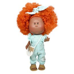  A small doll with curly orange hair, wearing a light blue outfit and a white bow. The doll has a friendly, playful expression.