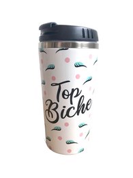 A white travel mug with a pink and green leaf pattern and the text "Top Bitch" printed on it. The mug has a black lid and appears to be made of stainless steel.