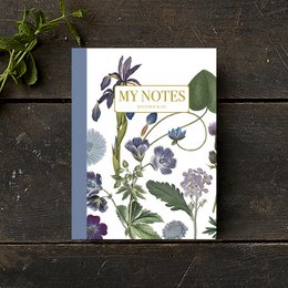 A blue floral notebook with the title "My Notes" and an illustration of various flowers and plants.