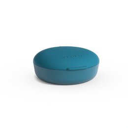 A round, blue soap dish for travel use. Made of durable plastic with a secure lid to keep soap dry and contained.