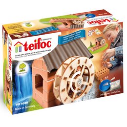  A brick-built water mill toy with a rotating wheel, suitable for ages 6 and up. Includes bricks, accessories, and instructions for assembly.