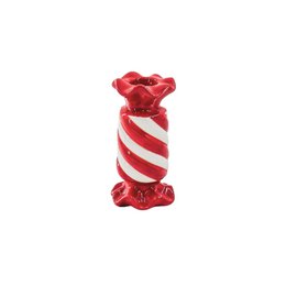  Ceramic red and white striped candle holder, 7.5 x 7.5 x 13 cm in size, suitable for use as a candelabra.