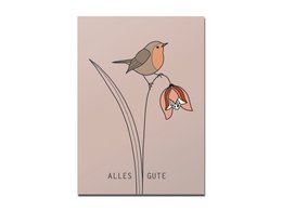 Postcard with illustration of robins and text "Alles Gute" (All the best)

The image shows a postcard with an illustration of two robins perched on a branch with a flower. The text on the postcard reads "Alles Gute" which means "All the best" in German. This postcard would be suitable for a birthday or other celebratory occasion.